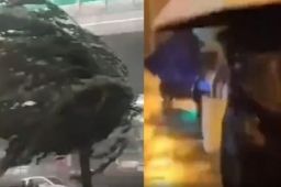 台风登陆海南：暴雨下市民艰难行走