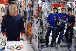 航天员在空间站变出奥运五环