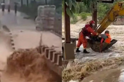 实拍河南暴雨：急流冲垮大桥